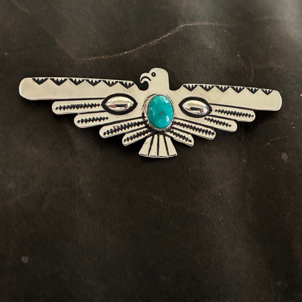 Vintage LS Signed Sterling Silver and Turquoise Navajo Thunderbird Brooch